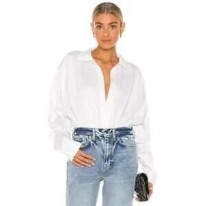 Norma Kamali White Cotton Oversized Boyfriend Shirt Bodysuit Size M